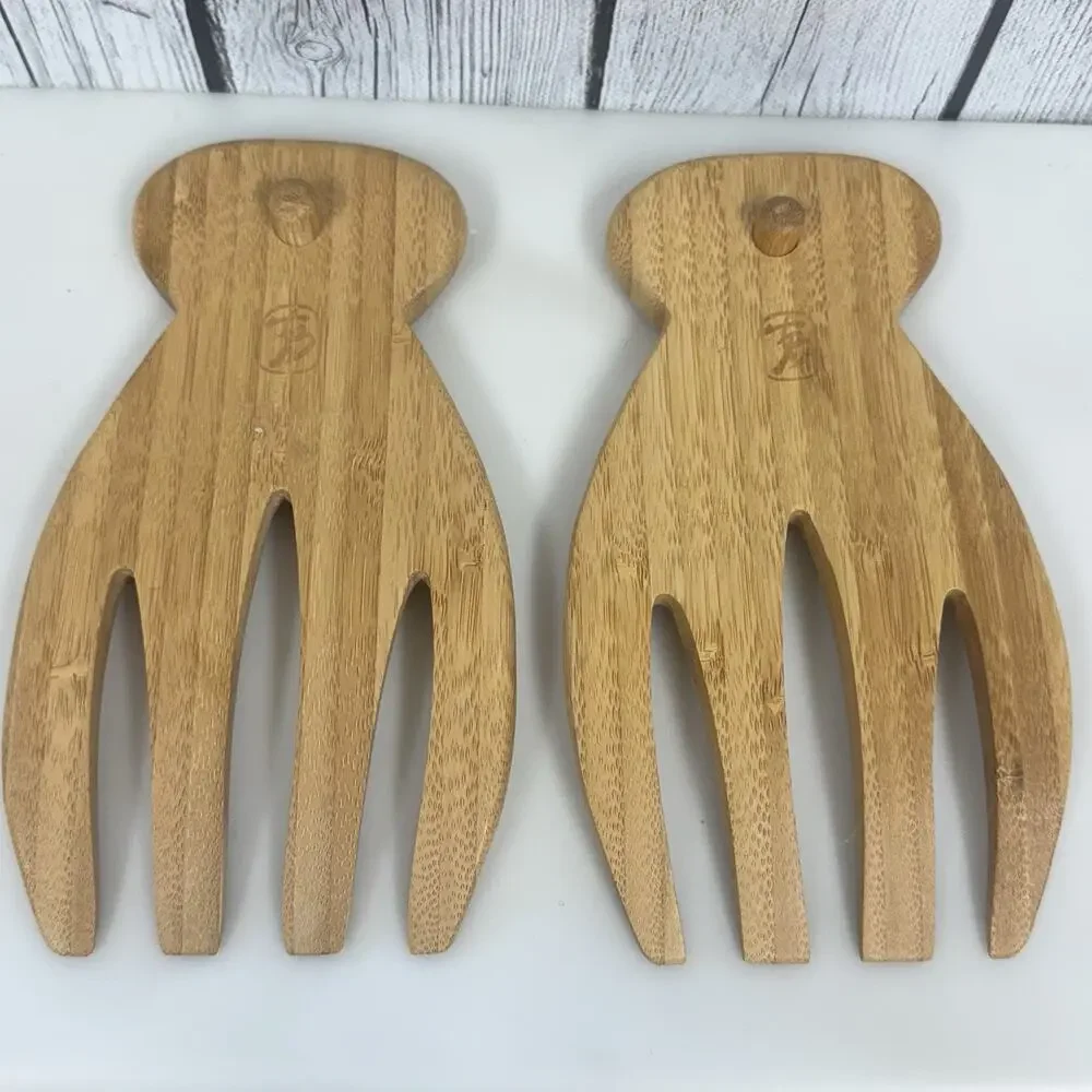 Bamboo Salad Hands Servers Tongs Set of 2 Natural Wood Kitchen Utensil